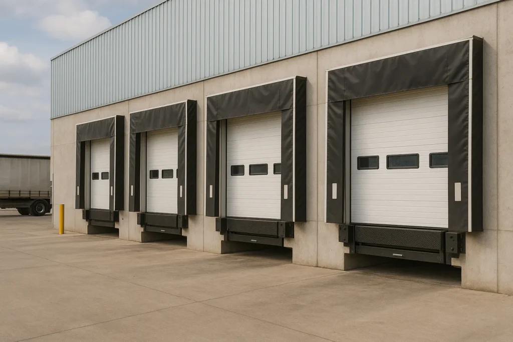 Sectional door overhead di gudang—panel berinsulasi pada rel baja galvanis