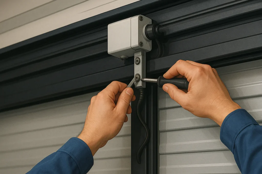 Gambar memperlihatkan tangan teknisi profesional sedang melakukan pelumasan rel baja pintu sectional otomatis di gudang bersih dan modern. Visual ini menggambarkan proses perawatan ringan yang direkomendasikan untuk menjaga performa sistem motor dan roller pintu otomatis.