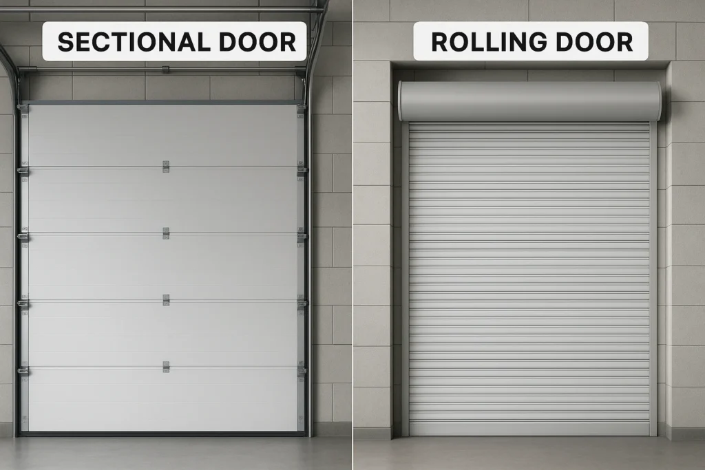 Gambar memperlihatkan dua jenis pintu industri berdampingan — di kiri sectional door dengan panel besar horizontal, di kanan rolling door dengan slat bergulung ke atas. Perbandingan ini menegaskan perbedaan mekanisme dan desain keduanya.