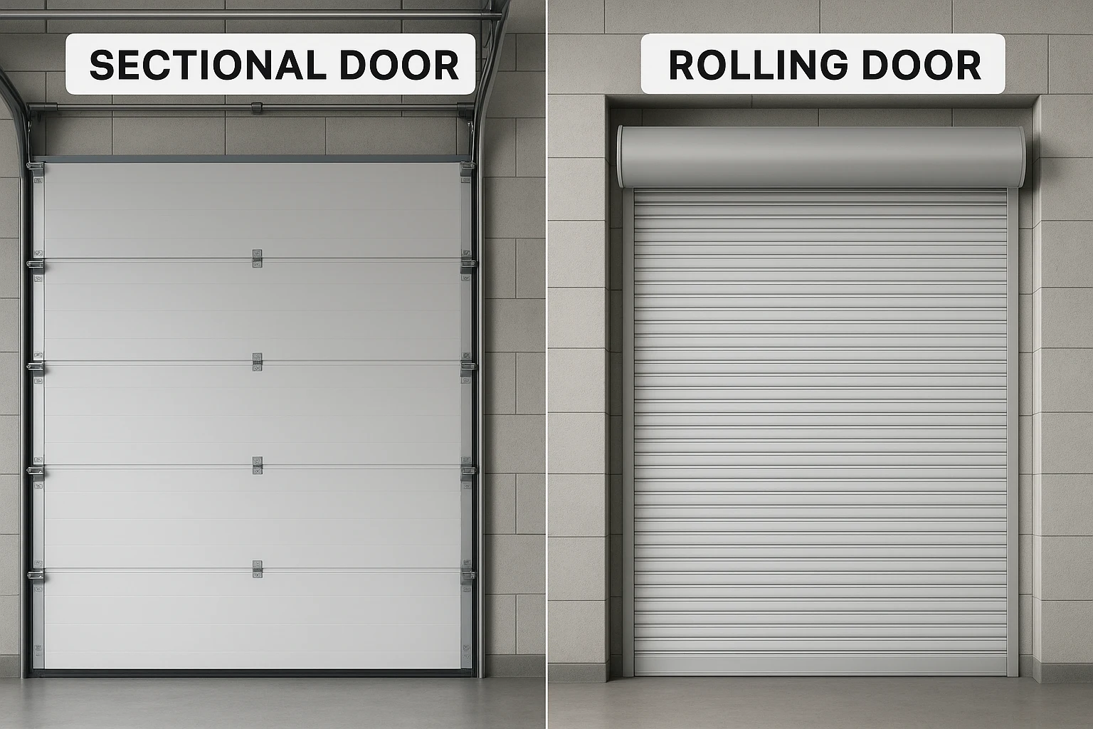 Perbandingan sectional door dan rolling door di gudang industri modern