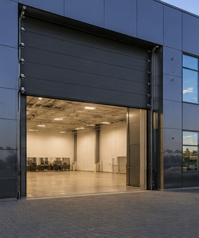 Compact Door pada bangunan industri modern dengan desain efisien dan bukaan lebar.