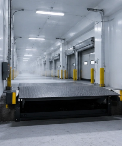 Dock Leveler pada fasilitas cold storage untuk menjaga kelancaran proses bongkar muat barang.