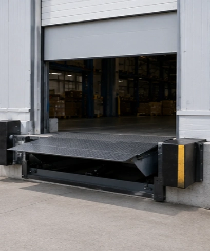 Dock Leveler pada dock barang untuk membantu proses bongkar muat secara aman, cepat, dan efisien.
