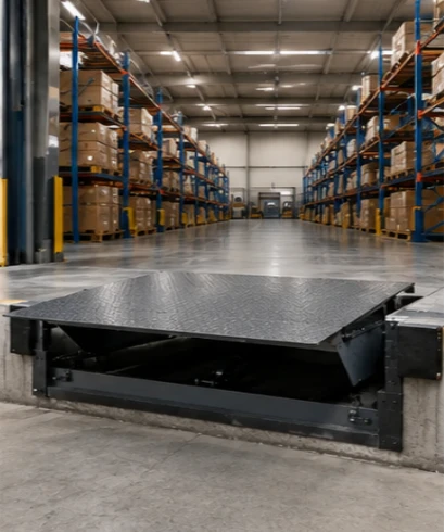 Dock Leveler pada gudang industri untuk mendukung proses bongkar muat barang dengan aman dan efisien.