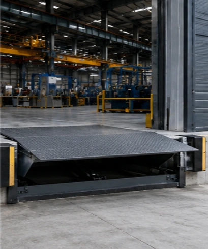 Dock Leveler pada pabrik manufaktur untuk mendukung distribusi bahan baku dan produk jadi.