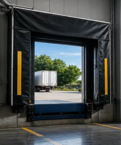 Dock Shelter pada cold storage untuk membantu menjaga kestabilan suhu selama proses bongkar muat barang.