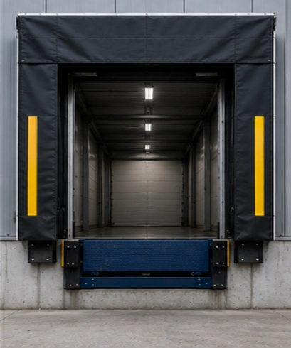 Dock Shelter pada fasilitas logistik untuk melindungi area loading bay selama distribusi barang.