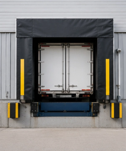 Dock Seal pada cold storage untuk membantu menjaga suhu ruangan tetap stabil selama bongkar muat.