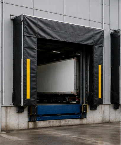 Dock Shelter pada gudang industri untuk meningkatkan perlindungan area loading bay selama proses distribusi barang.