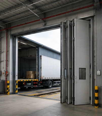 Folding Door pada area loading untuk memperlancar proses bongkar muat barang dan kendaraan logistik.