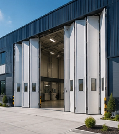 Folding Door pada bangunan industri modern dengan desain rapi dan bukaan lebar untuk mendukung operasional.