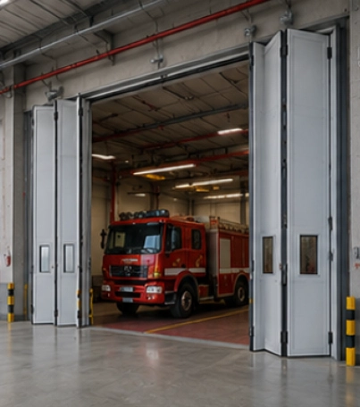 Folding Door pada garasi kendaraan operasional untuk mempercepat akses kendaraan keluar dan masuk bangunan.