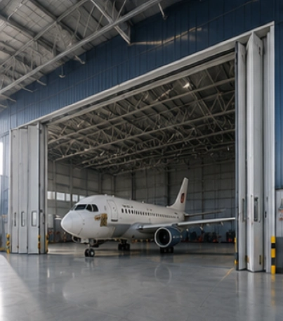Folding Door pada hanggar pesawat dengan bukaan lebar untuk mendukung aktivitas penerbangan.