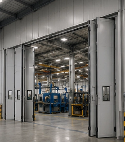 Jasa pemasangan Folding Door pada pabrik manufaktur untuk mendukung akses kendaraan produksi dan distribusi material.