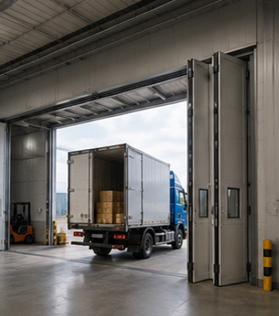 Folding Door pada pusat distribusi untuk mendukung aktivitas logistik dan kendaraan operasional.