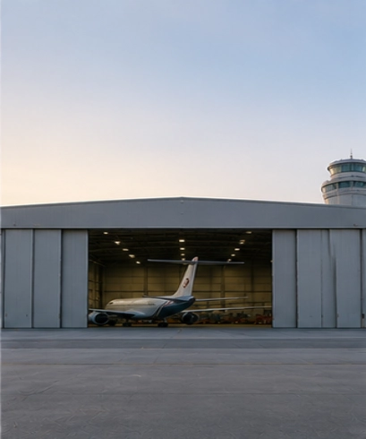 Hangar Door pada area bandara untuk mendukung operasional penerbangan dan fasilitas hanggar.