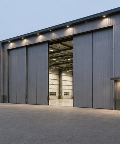Hangar Door pada fasilitas industri khusus dengan bukaan lebar untuk mendukung operasional berskala besar.
