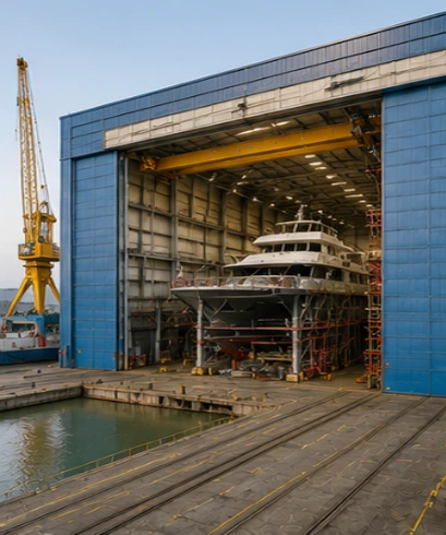 Hangar Door pada galangan kapal untuk mendukung akses kapal dan peralatan industri berukuran besar.