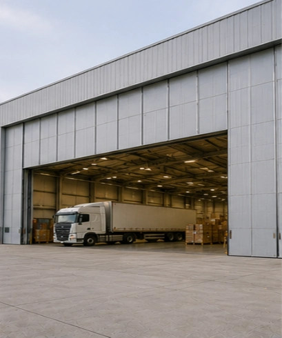 Hangar Door pada gudang logistik besar untuk mendukung distribusi kendaraan dan barang berukuran besar.