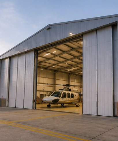 Hangar Door pada hanggar helikopter untuk memperlancar aktivitas penyimpanan dan perawatan helikopter.