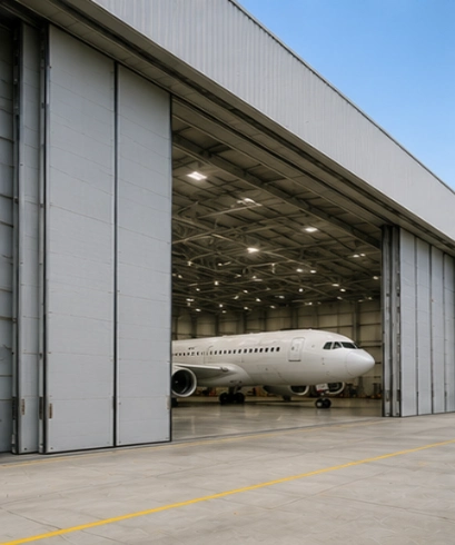Jasa pemasangan Hangar Door pada hanggar pesawat untuk mendukung akses pesawat dan aktivitas perawatan secara efisien.