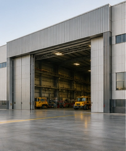 Hangar Door pada industri berat untuk mendukung akses alat berat dan kendaraan industri.