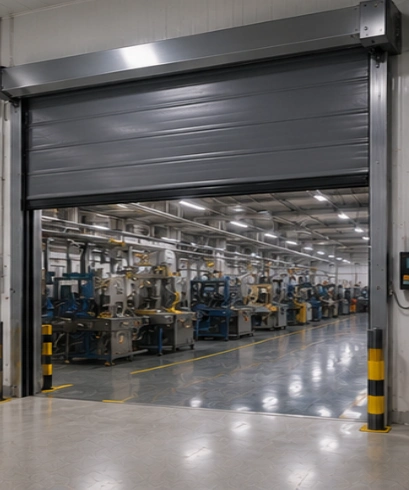 High Speed PVC Doors pada bangunan industri modern dengan panel transparan untuk meningkatkan efisiensi akses dan produktivitas operasional.