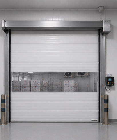 High Speed PVC Doors pada cold storage untuk menjaga suhu ruangan tetap stabil dan mengurangi kehilangan energi.