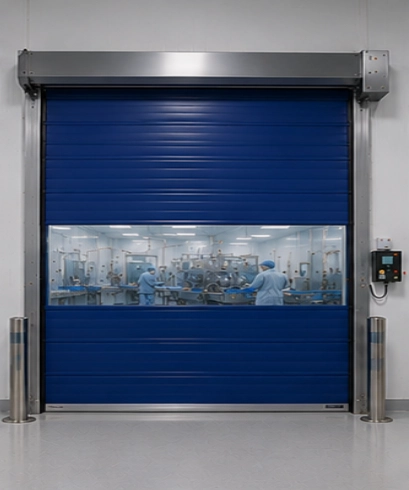 High Speed PVC Doors pada industri farmasi untuk mendukung area produksi yang bersih, aman, dan terkendali.