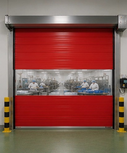 High Speed PVC Doors pada industri makanan dan minuman untuk menjaga kebersihan area produksi serta mengurangi kontaminasi.