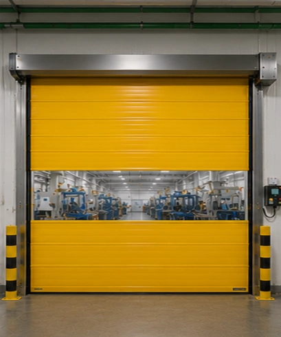 High Speed PVC Doors pada pabrik manufaktur untuk mempercepat akses antar area produksi dan menjaga lingkungan kerja tetap efisien.