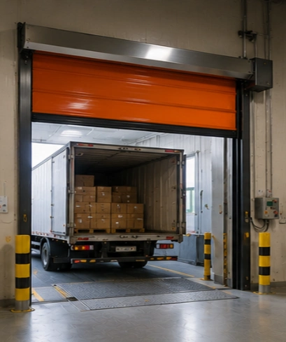High Speed PVC Doors pada pusat distribusi dengan jendela transparan untuk mendukung aktivitas logistik berintensitas tinggi.
