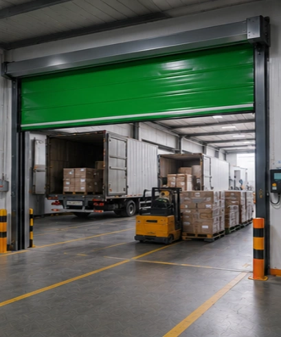 High Speed PVC Doors pada pusat logistik untuk mempercepat arus kendaraan distribusi dan meningkatkan efisiensi operasional.