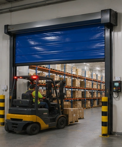 Jasa pemasangan High Speed PVC Doors pada warehouse dengan panel transparan untuk mempercepat akses forklift dan distribusi barang.