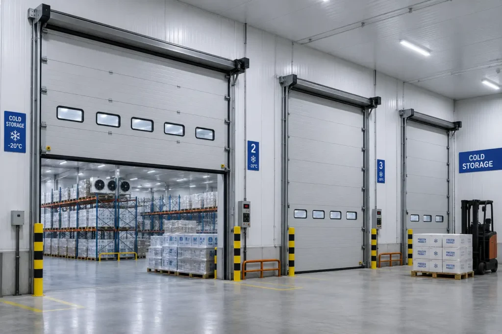 Jasa pemasangan Industrial Sectional Door pada fasilitas cold storage modern untuk menjaga suhu ruangan tetap stabil sekaligus mendukung aktivitas penyimpanan dan distribusi produk beku secara aman dan efisien.