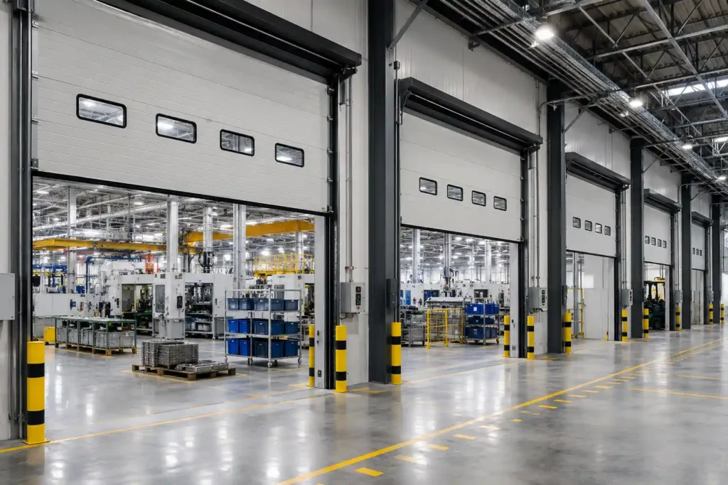 Jasa pemasangan Industrial Sectional Door pada area produksi pabrik modern untuk mendukung kelancaran proses manufaktur, akses material, dan operasional industri yang aman serta efisien.
