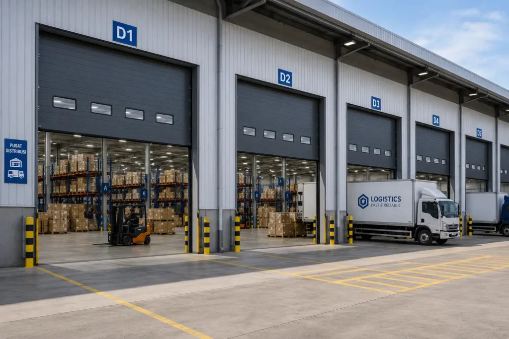 Jasa pemasangan Industrial Sectional Door pada pusat distribusi modern untuk mendukung proses sortir barang, distribusi logistik, serta aktivitas keluar masuk kendaraan operasional secara aman dan efisien.