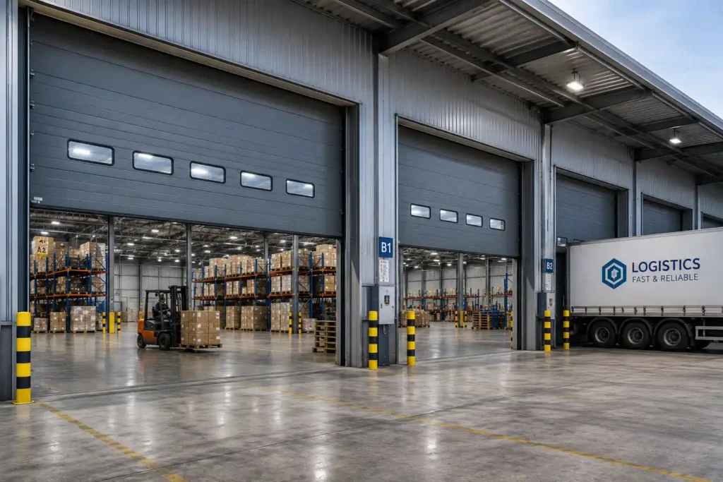 Jasa pemasangan Industrial Sectional Door pada warehouse logistik modern untuk mendukung proses distribusi barang, aktivitas bongkar muat, dan operasional logistik yang aman serta efisien.
