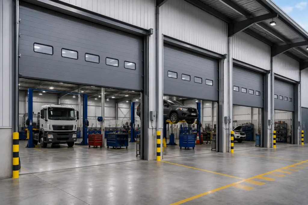 Jasa pemasangan Industrial Sectional Door pada workshop industri modern untuk mendukung aktivitas servis kendaraan, perawatan alat berat, serta operasional bengkel yang aman, cepat, dan efisien.