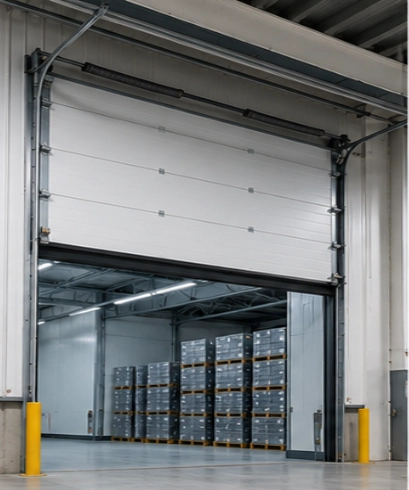 Insulated Overhead Sectional Door pada gudang industri untuk meningkatkan keamanan dan efisiensi operasional.