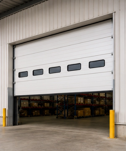 Insulated Overhead Sectional Door pada warehouse untuk meningkatkan efisiensi operasional dan menjaga suhu area penyimpanan.