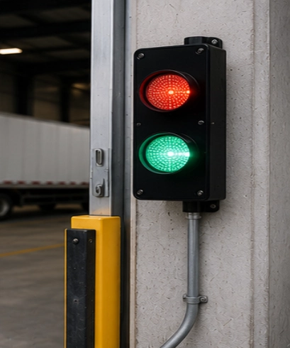 Traffic Light System pada loading dock untuk memberikan indikator keamanan kendaraan selama proses docking.