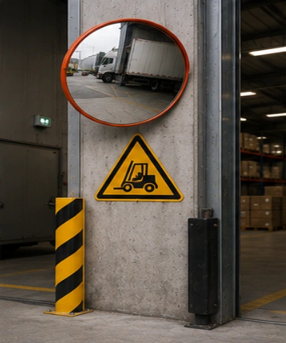 Warning Sign dan Safety Mirror pada loading dock untuk meningkatkan keselamatan kendaraan dan operator.