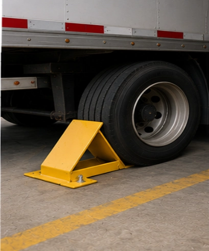 Wheel Chock pada loading dock untuk mencegah kendaraan bergerak selama proses loading dan unloading.