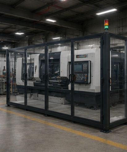 Jasa pemasangan Machine Protection Doors pada mesin CNC untuk melindungi operator selama proses pemesinan berlangsung.