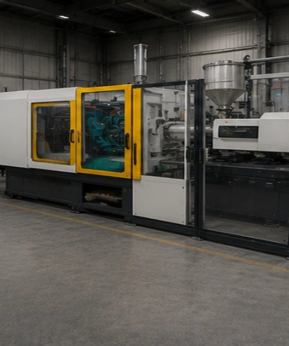 Machine Protection Doors pada mesin injection molding untuk meningkatkan keselamatan operator di area produksi plastik.