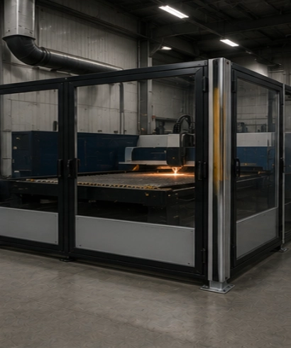 Machine Protection Doors pada mesin laser cutting untuk meningkatkan keselamatan operator dan area kerja mesin.