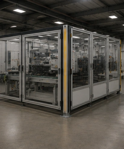 Machine Protection Doors pada mesin otomasi industri untuk melindungi operator dan mendukung sistem produksi otomatis.
