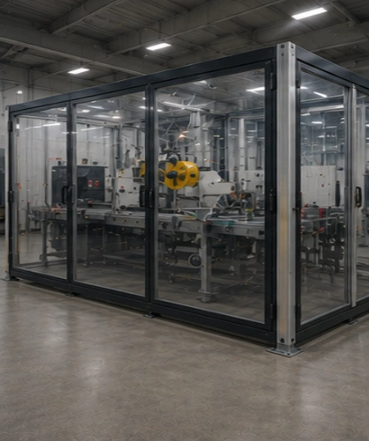 Machine Protection Doors pada mesin packaging untuk meningkatkan keselamatan operator selama proses pengemasan otomatis.