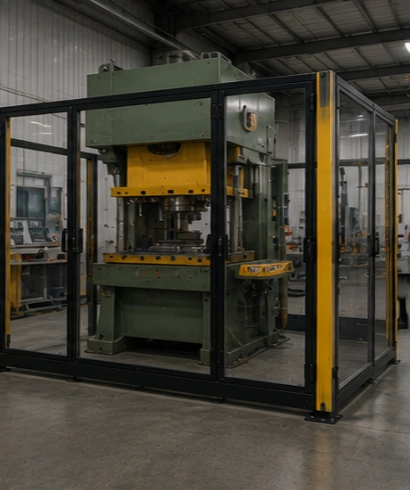 Machine Protection Doors pada mesin press industri untuk meningkatkan keselamatan operator selama proses produksi.
